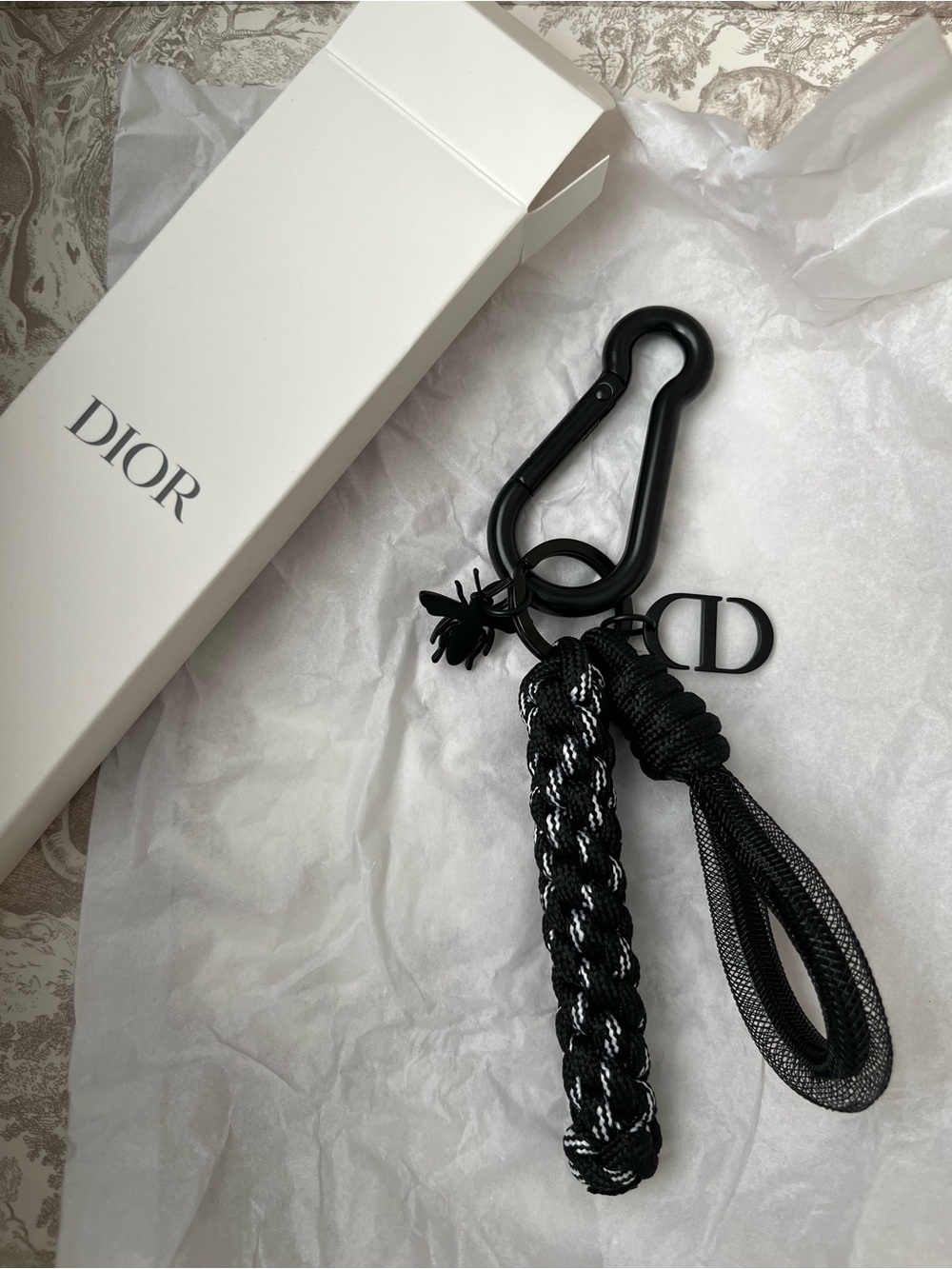 Dior Beauty Men's Black Braided Keychain with Bee & CD Charm